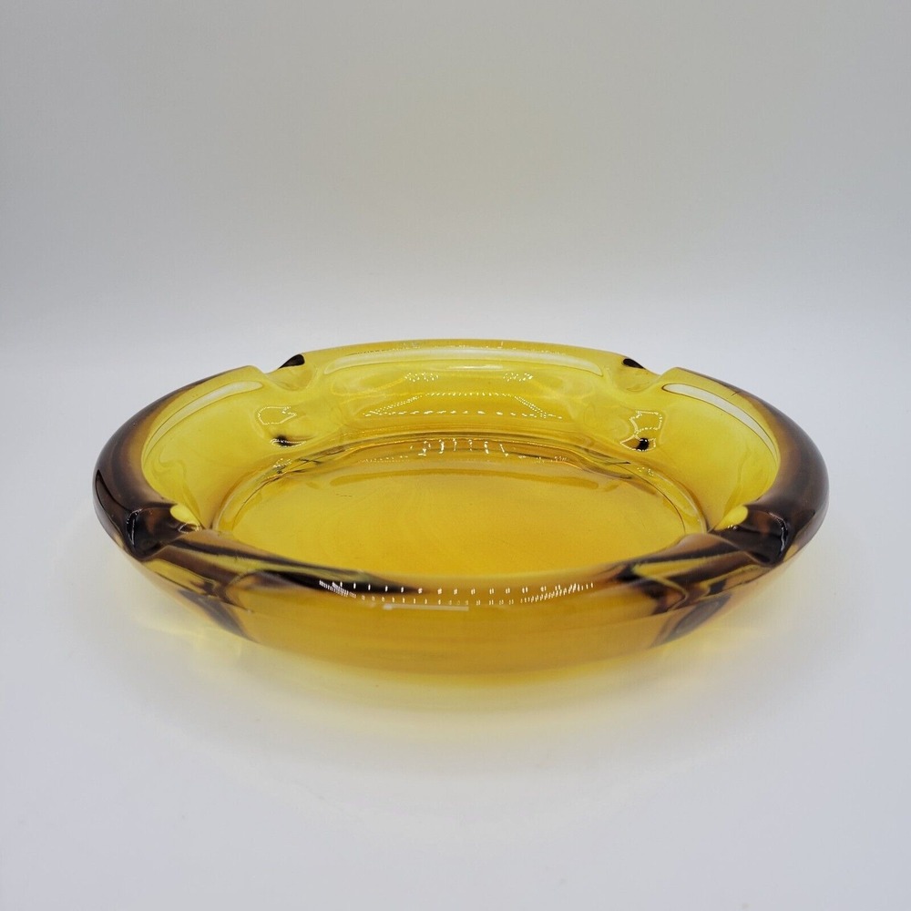 Amber Glass MCM‎ Vintage Cigar Ashtray 1960s Plant Base Trinket Dish Round Large